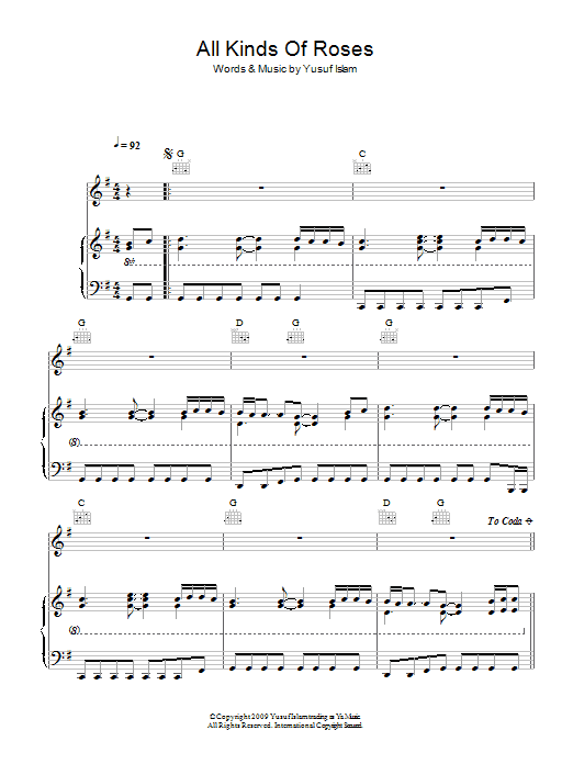 Yusuf Islam All Kinds Of Roses sheet music notes and chords arranged for Piano, Vocal & Guitar Chords