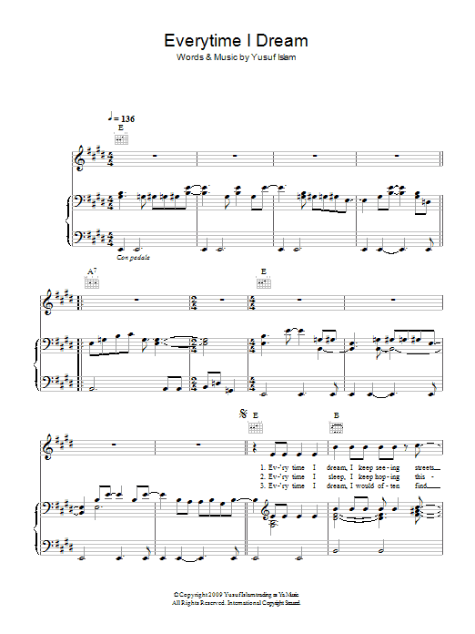Yusuf Islam Everytime I Dream sheet music notes and chords arranged for Piano, Vocal & Guitar Chords