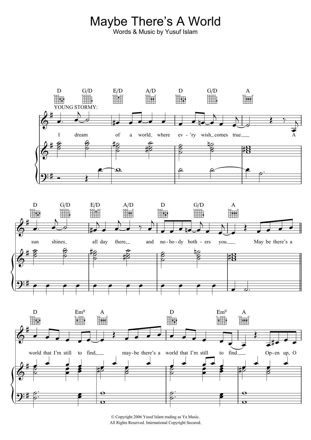 Yusuf Islam Maybe There's A World (from the musical 'Moonshadow') sheet music notes and chords arranged for Piano, Vocal & Guitar Chords