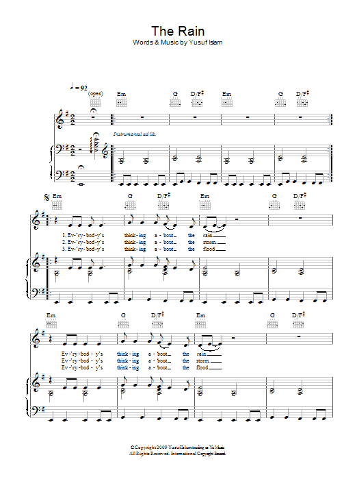 Yusuf Islam The Rain sheet music notes and chords arranged for Piano, Vocal & Guitar Chords