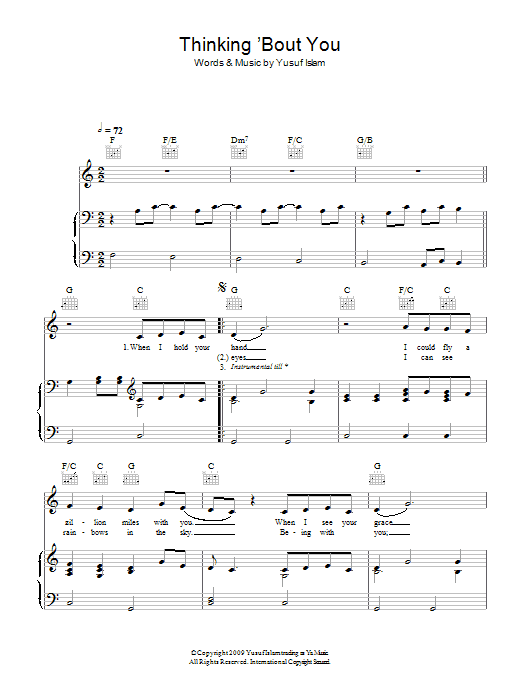 Yusuf Islam Thinking 'Bout You sheet music notes and chords arranged for Piano, Vocal & Guitar Chords