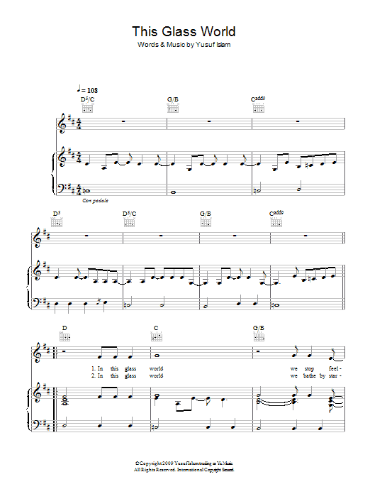 Yusuf Islam This Glass World sheet music notes and chords arranged for Piano, Vocal & Guitar Chords