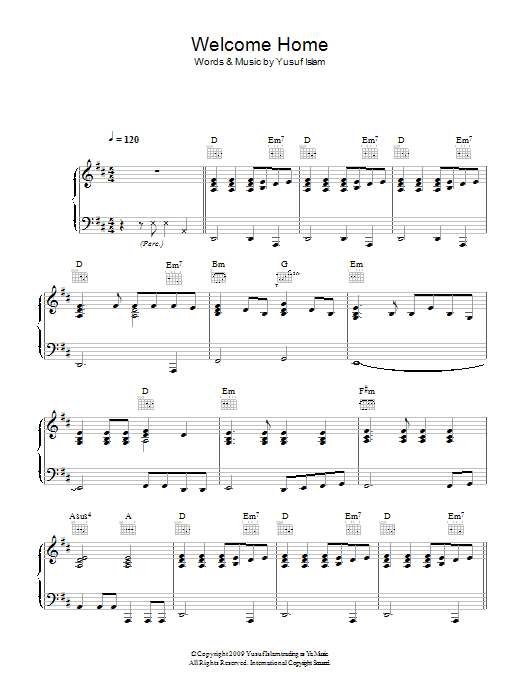 Yusuf Islam Welcome Home sheet music notes and chords arranged for Piano, Vocal & Guitar Chords