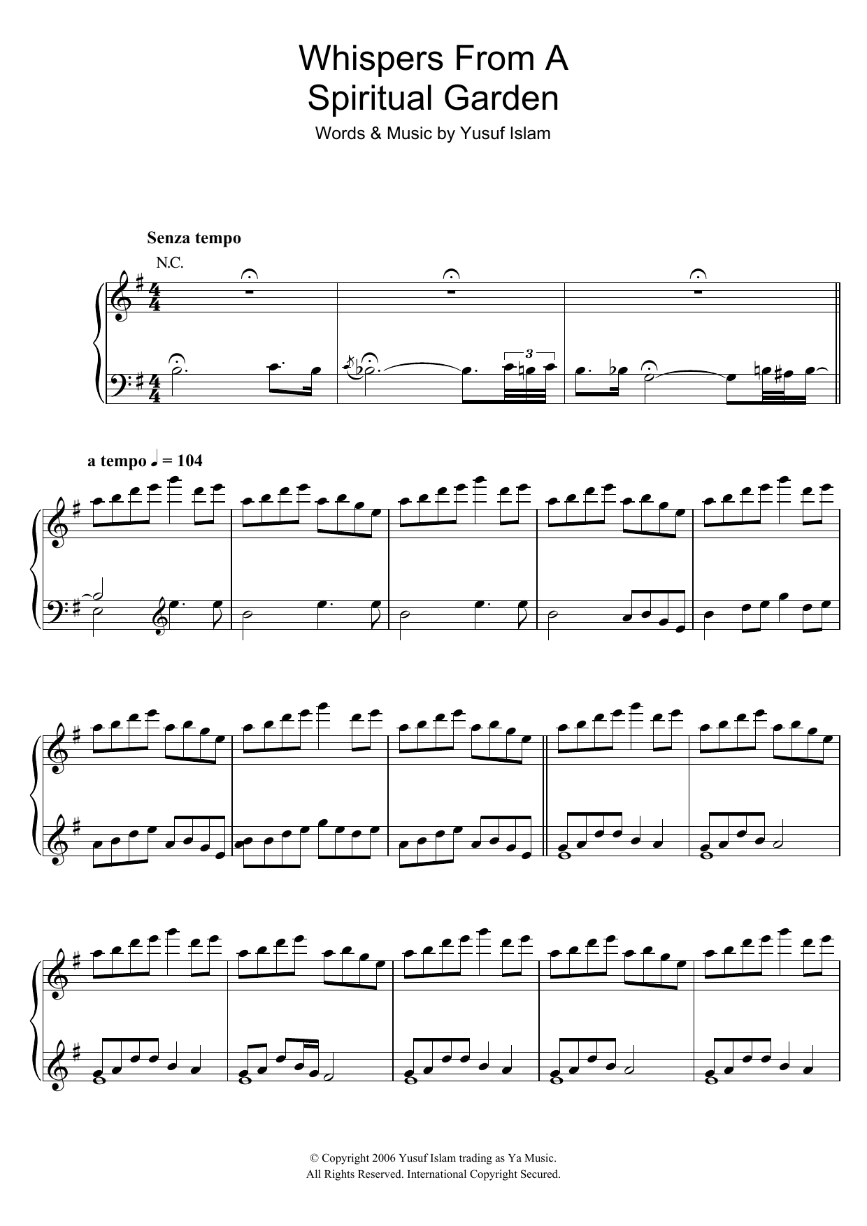 Yusuf Islam Whispers From A Spiritual Garden (from the musical 'Moonshadow') sheet music notes and chords arranged for Piano, Vocal & Guitar Chords