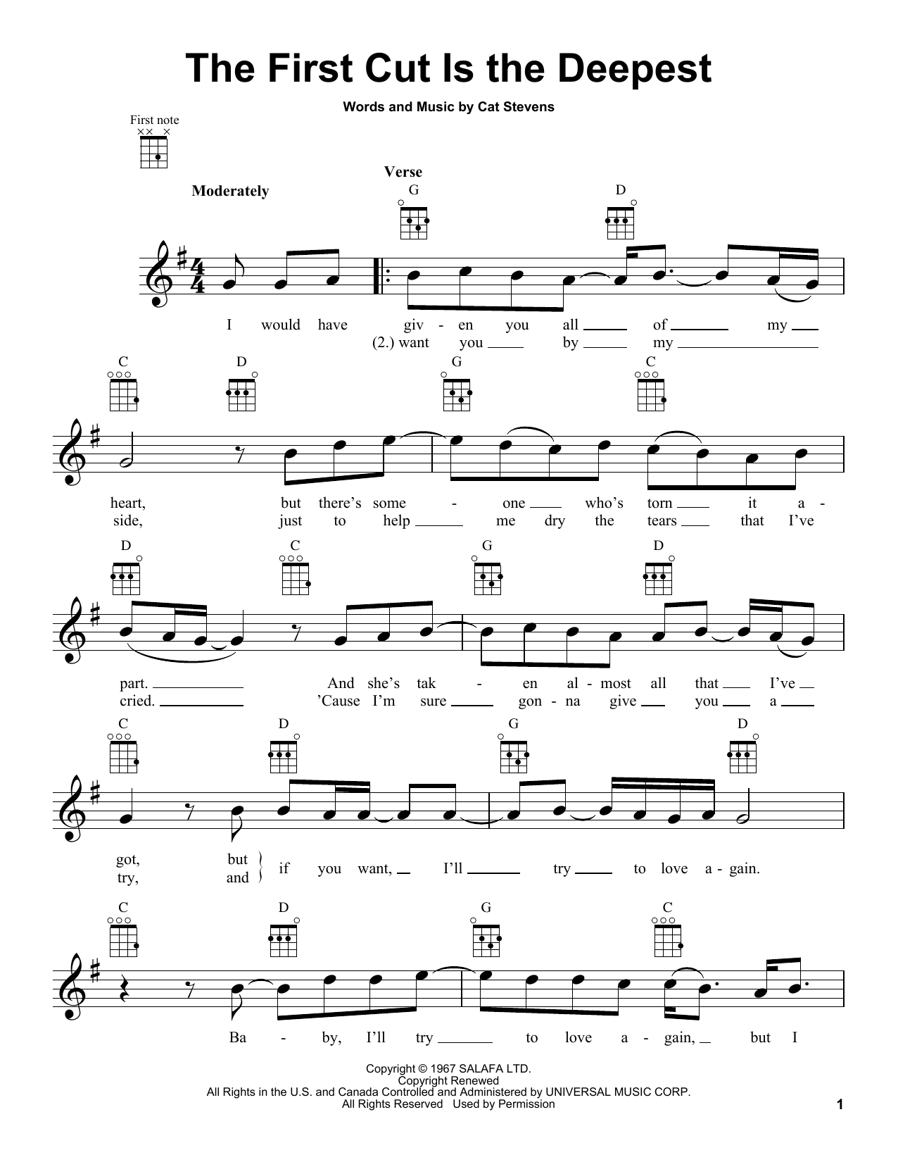 Yusuf/Cat Stevens The First Cut Is The Deepest sheet music notes and chords arranged for Ukulele