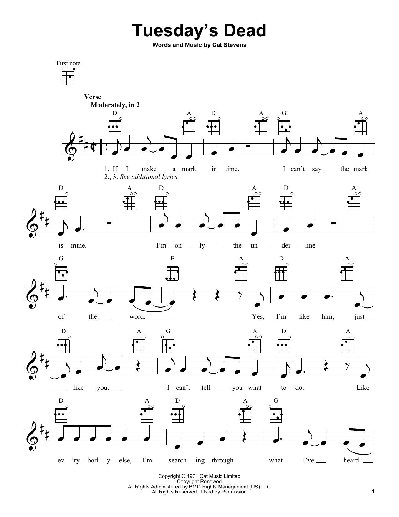 Yusuf/Cat Stevens Tuesday's Dead sheet music notes and chords arranged for Ukulele