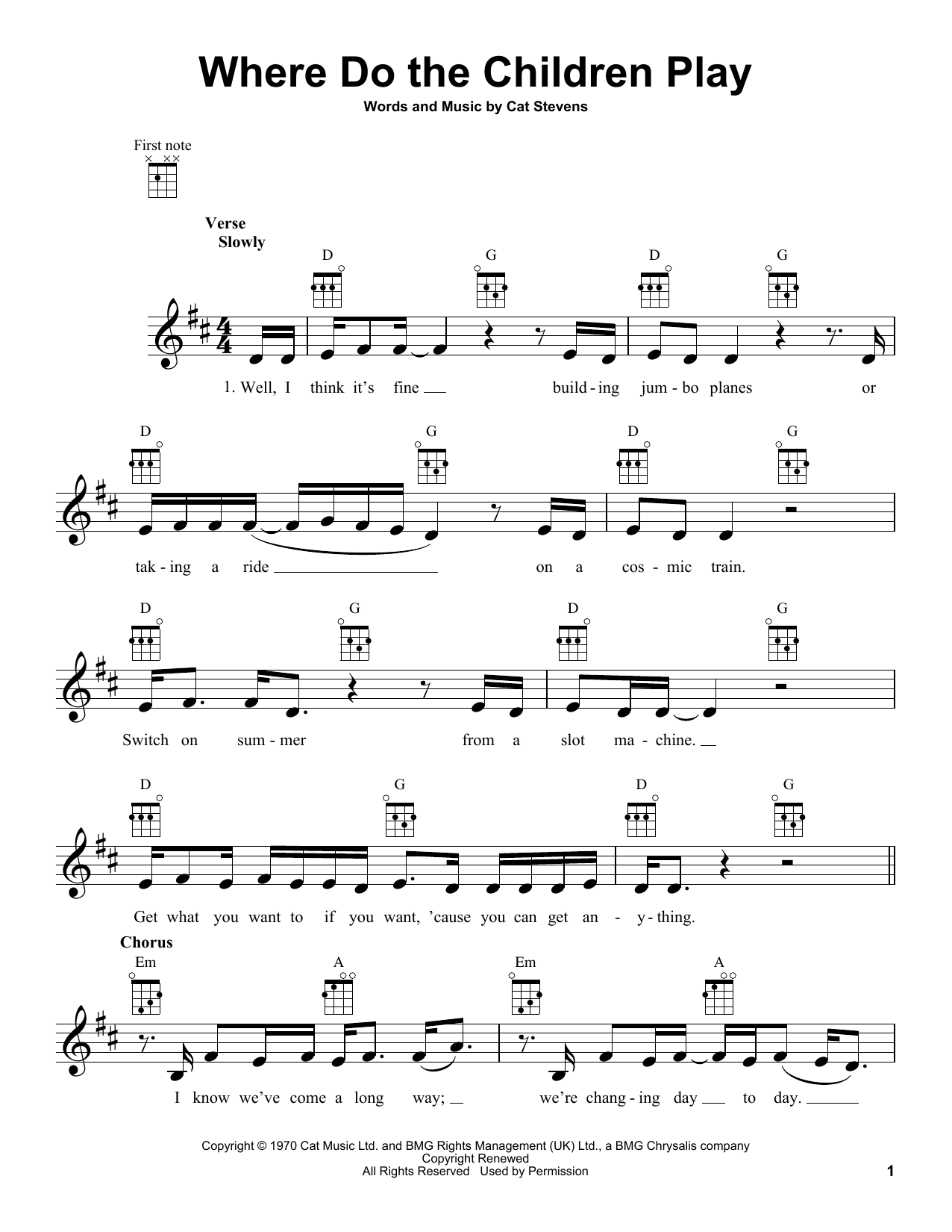 Yusuf/Cat Stevens Where Do The Children Play sheet music notes and chords arranged for Ukulele