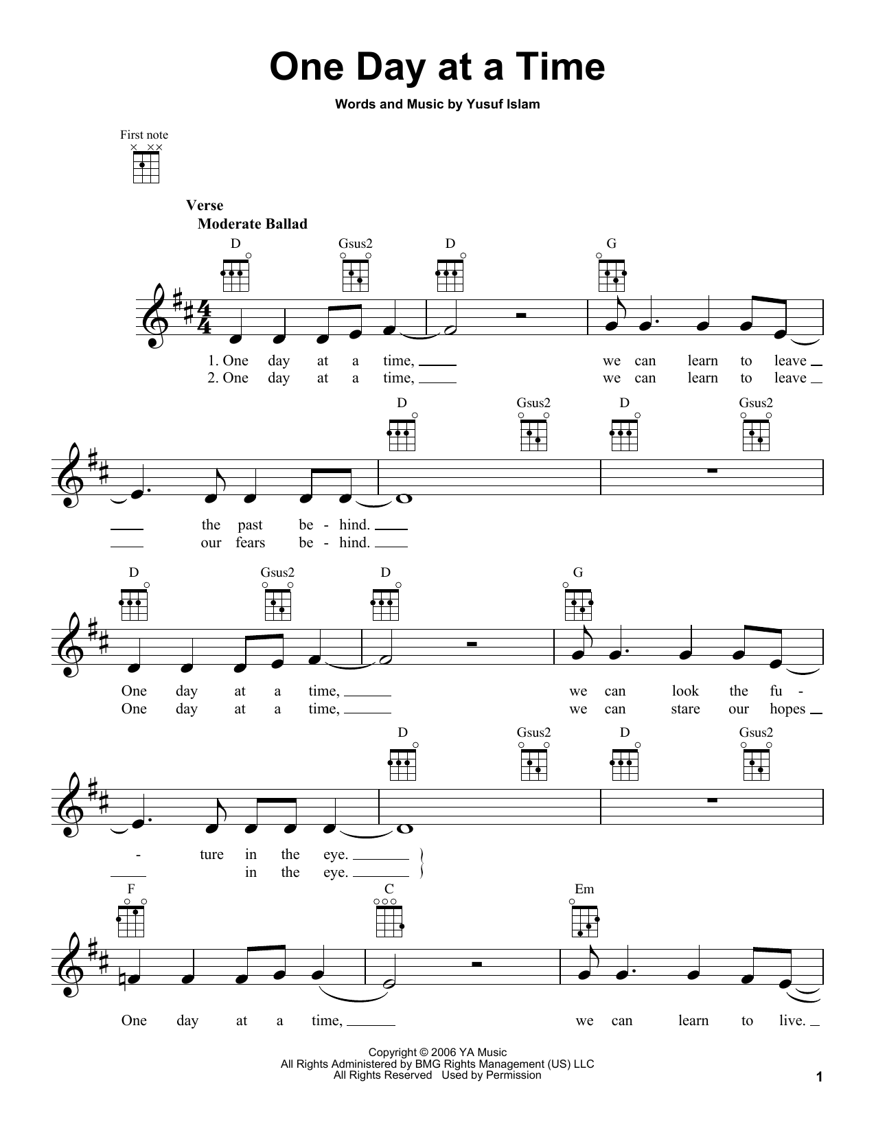 Yusuf/Cat Stevens One Day At A Time sheet music notes and chords arranged for Ukulele