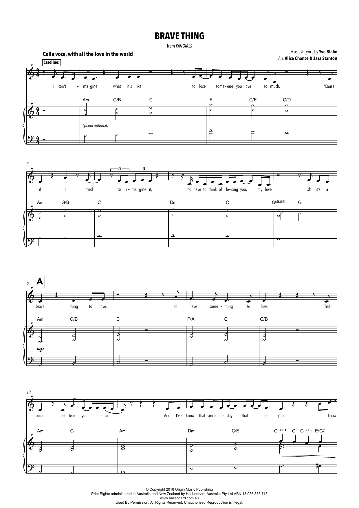 Yve Blake Brave Thing (from Fangirls) (arr. Alice Chance and Zara Stanton) sheet music notes and chords arranged for Piano & Vocal