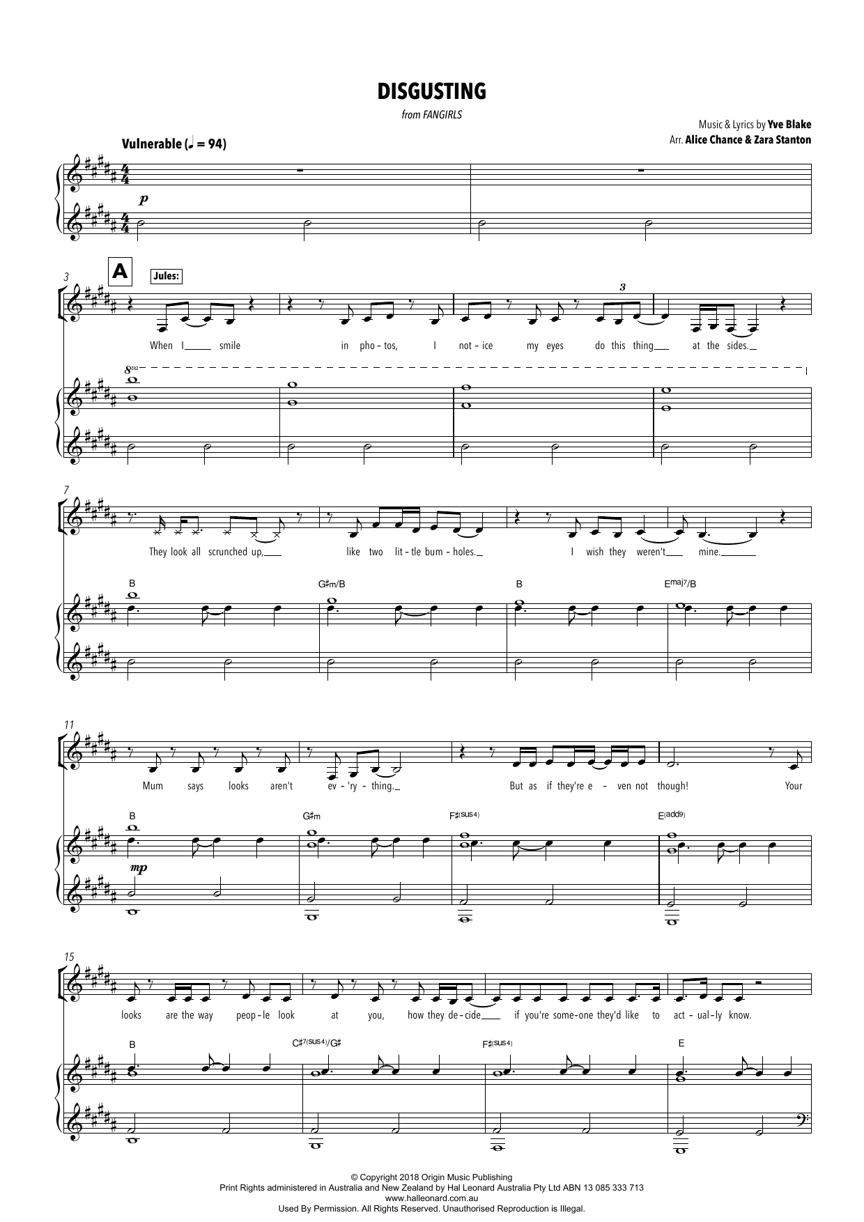 Yve Blake Disgusting (from Fangirls) (arr. Alice Chance and Zara Stanton) sheet music notes and chords arranged for Piano & Vocal