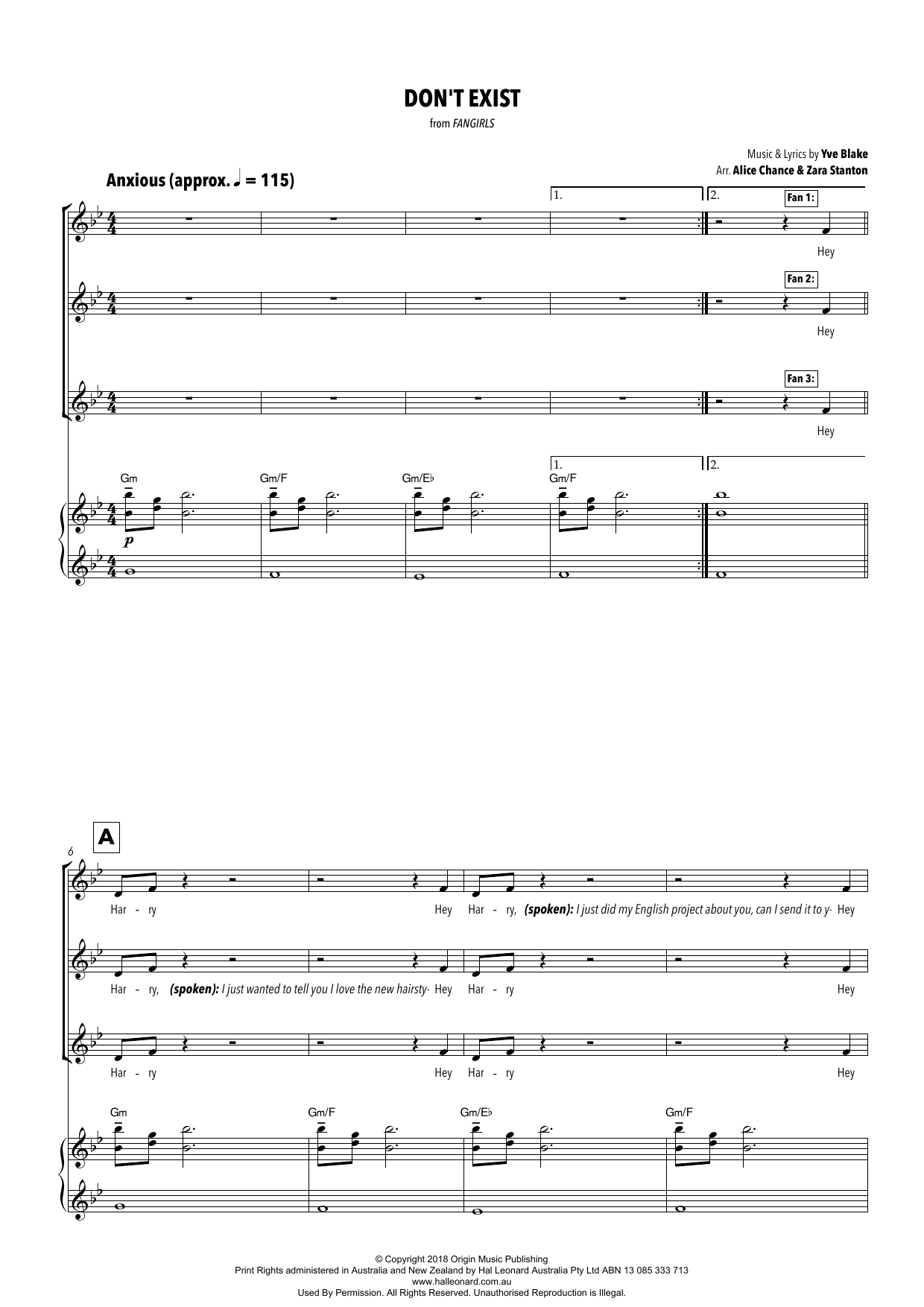 Yve Blake Don't Exist (from Fangirls) (arr. Alice Chance and Zara Stanton) sheet music notes and chords arranged for Piano & Vocal