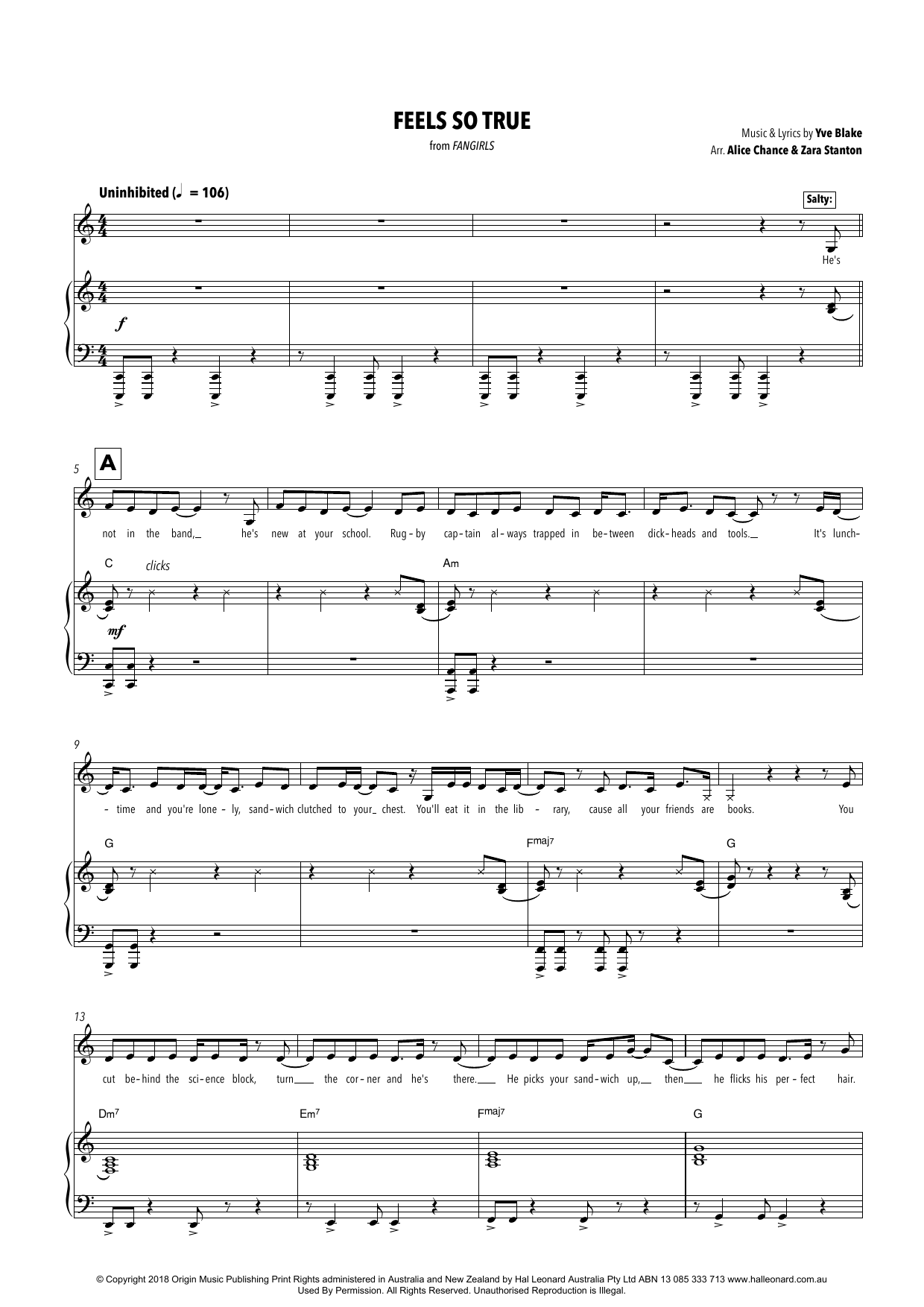 Yve Blake Feels So True (from Fangirls) (arr. Alice Chance and Zara Stanton) sheet music notes and chords arranged for Piano & Vocal