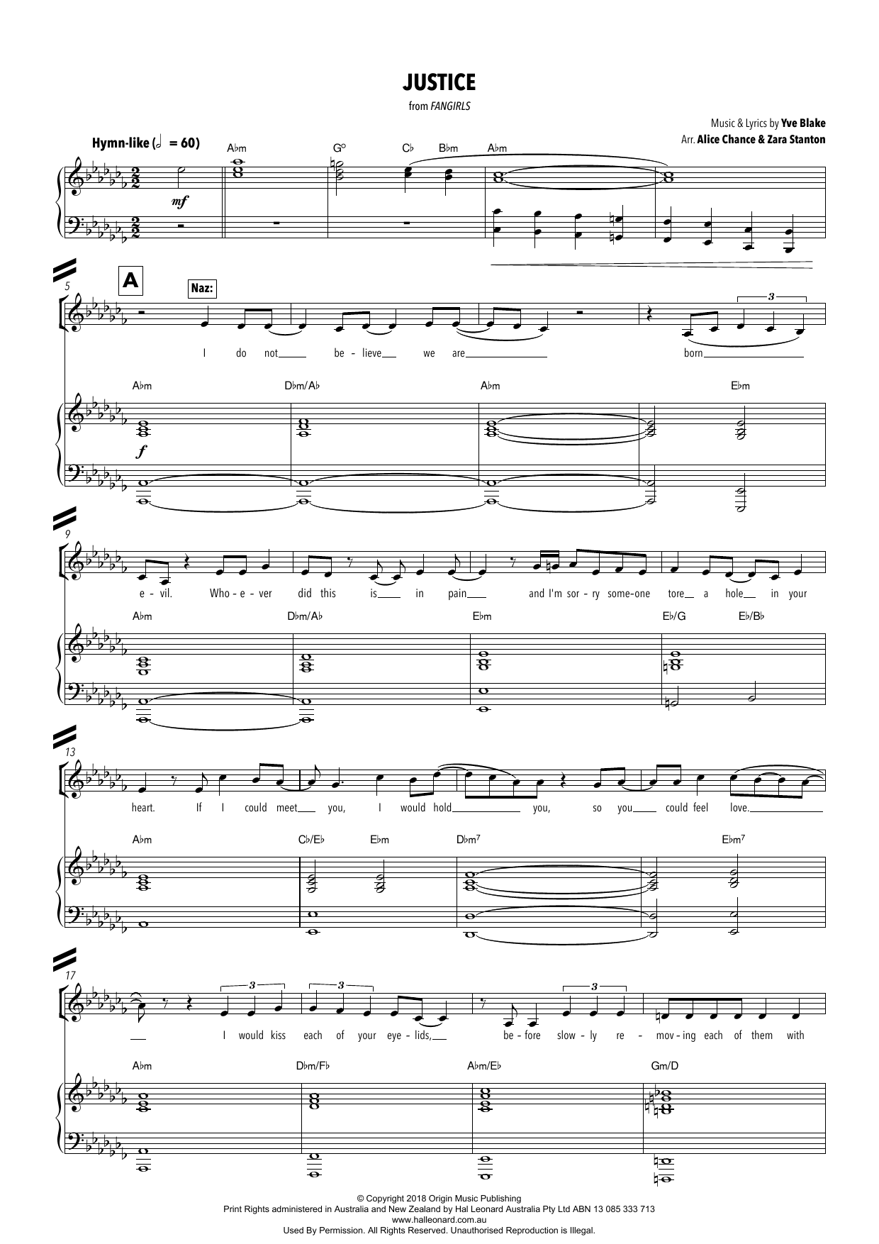 Yve Blake Justice (from Fangirls) (arr. Alice Chance and Zara Stanton) sheet music notes and chords arranged for Piano & Vocal