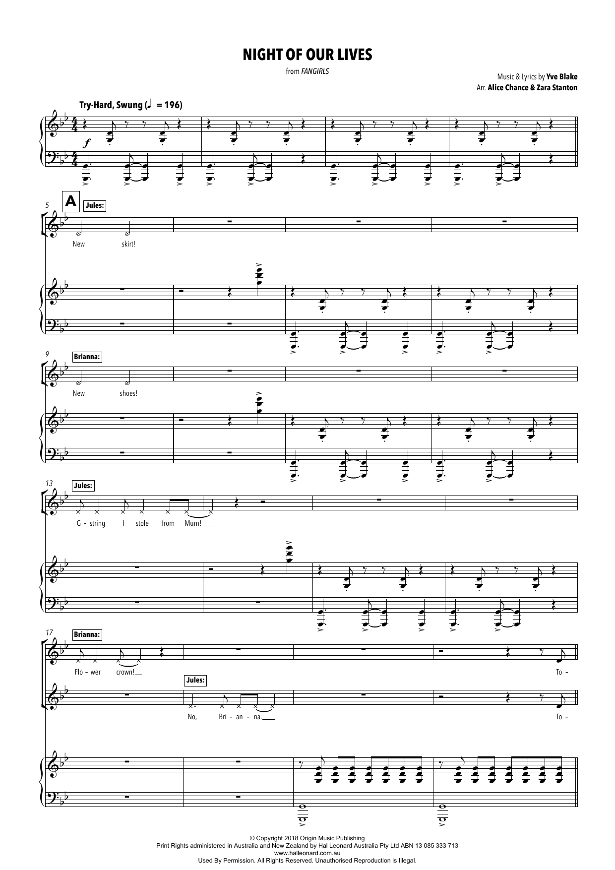 Yve Blake Night Of Our Lives (from Fangirls) (arr. Alice Chance and Zara Stanton) sheet music notes and chords arranged for Piano & Vocal