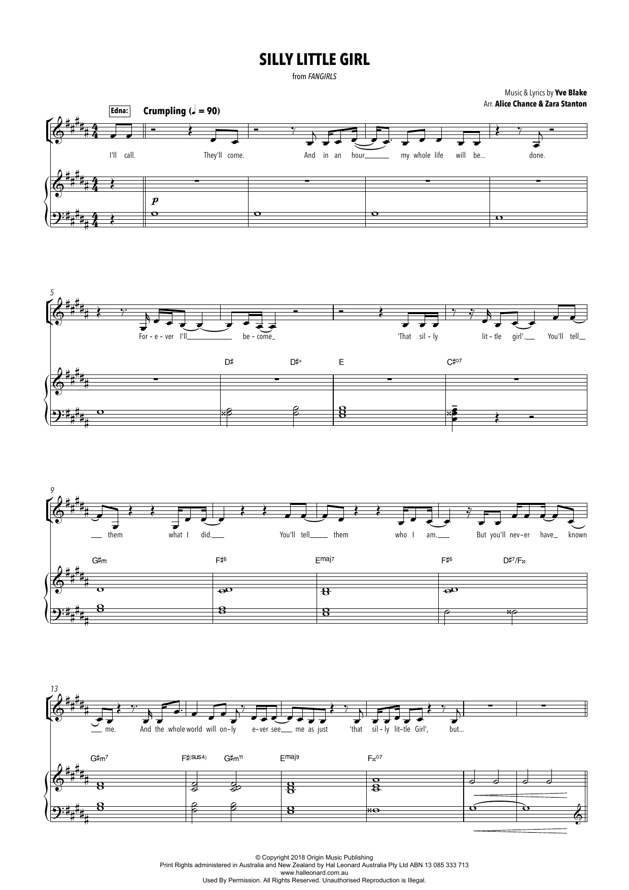 Yve Blake Silly Little Girl (from Fangirls) (arr. Alice Chance and Zara Stanton) sheet music notes and chords arranged for Piano & Vocal