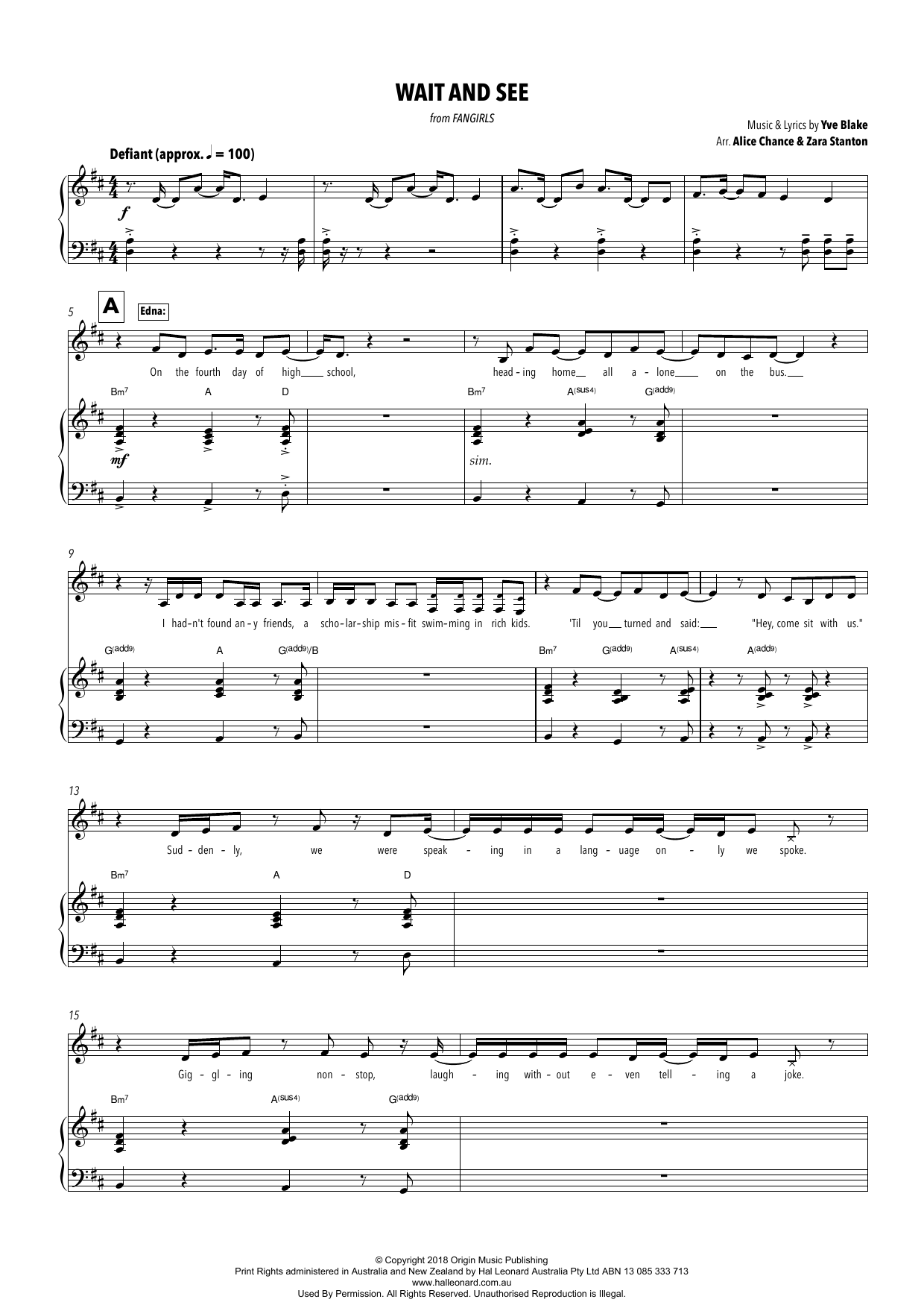 Yve Blake Wait And See (from Fangirls) (arr. Alice Chance and Zara Stanton) sheet music notes and chords arranged for Piano & Vocal