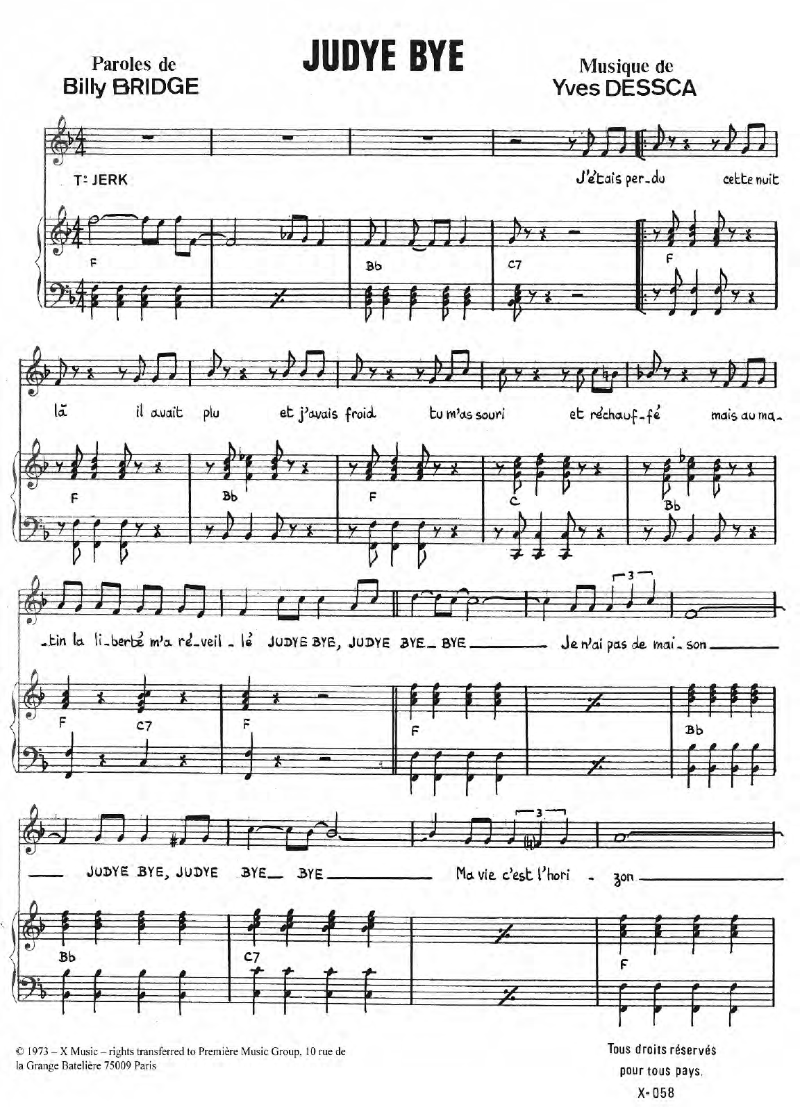 Yves Heuze Judy Bye sheet music notes and chords arranged for Piano & Vocal