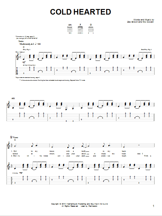Zac Brown Band Cold Hearted sheet music notes and chords arranged for Guitar Chords/Lyrics