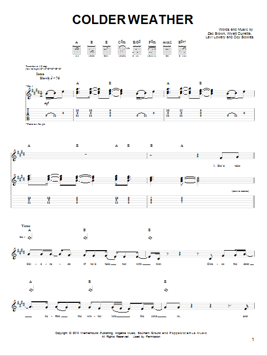 Zac Brown Band Colder Weather sheet music notes and chords arranged for Guitar Chords/Lyrics