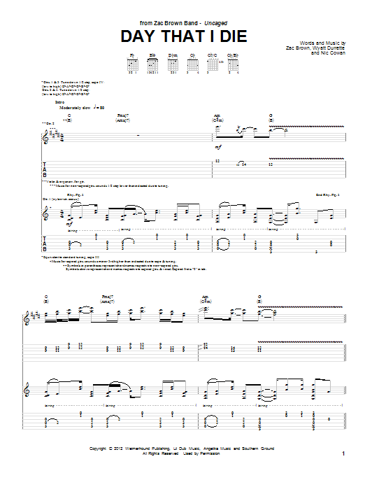 Zac Brown Band Day That I Die sheet music notes and chords arranged for Guitar Tab