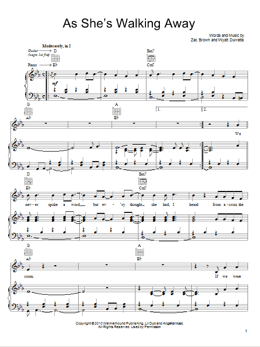 Zac Brown Band featuring Alan Jackson As She's Walking Away sheet music notes and chords arranged for Piano, Vocal & Guitar Chords (Right-Hand Melody)