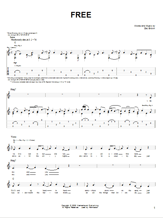 Zac Brown Band Free sheet music notes and chords arranged for Guitar Chords/Lyrics