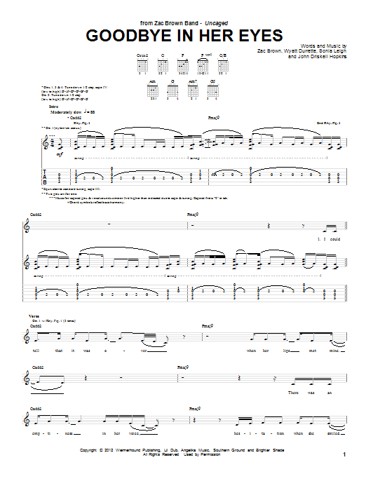 Zac Brown Band Goodbye In Her Eyes sheet music notes and chords arranged for Guitar Chords/Lyrics