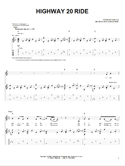 Zac Brown Band Highway 20 Ride sheet music notes and chords arranged for Guitar Chords/Lyrics
