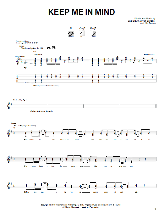 Zac Brown Band Keep Me In Mind sheet music notes and chords arranged for Guitar Chords/Lyrics