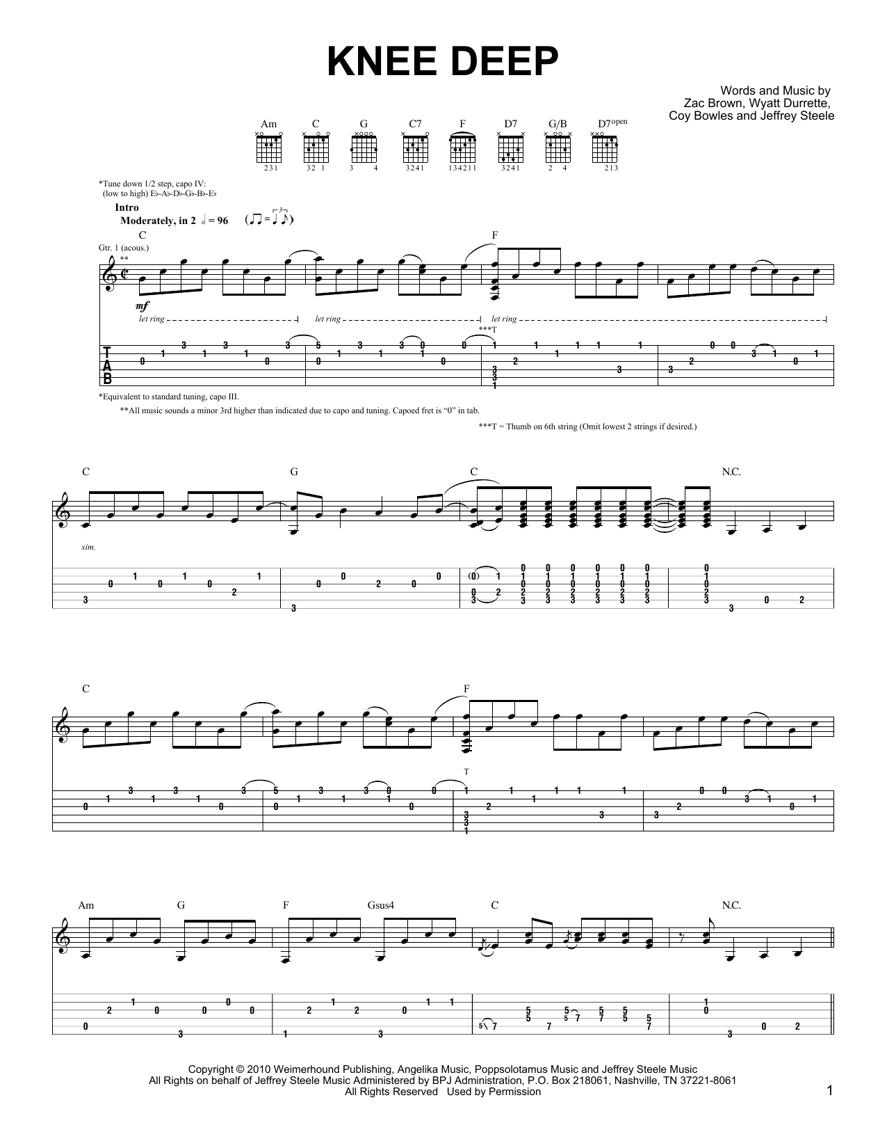 Zac Brown Band Knee Deep sheet music notes and chords arranged for Easy Guitar