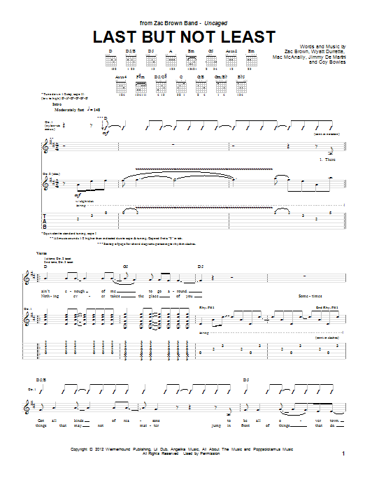 Zac Brown Band Last But Not Least sheet music notes and chords arranged for Guitar Tab