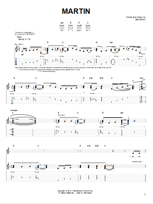 Zac Brown Band Martin sheet music notes and chords arranged for Easy Guitar