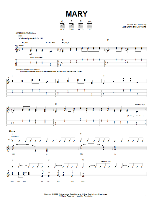 Zac Brown Band Mary sheet music notes and chords arranged for Piano, Vocal & Guitar Chords (Right-Hand Melody)