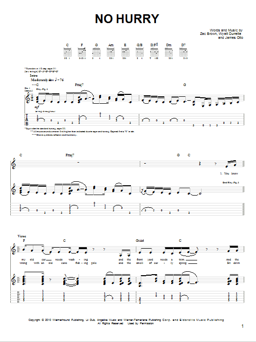 Zac Brown Band No Hurry sheet music notes and chords arranged for Piano, Vocal & Guitar Chords (Right-Hand Melody)