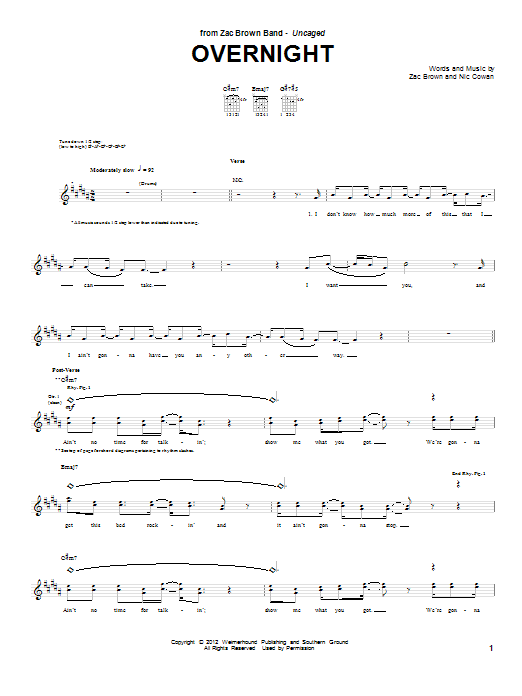 Zac Brown Band Overnight sheet music notes and chords arranged for Guitar Tab