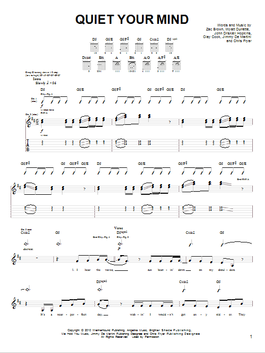 Zac Brown Band Quiet Your Mind sheet music notes and chords arranged for Piano, Vocal & Guitar Chords (Right-Hand Melody)
