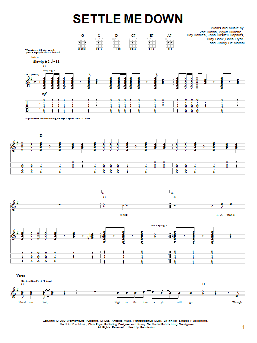 Zac Brown Band Settle Me Down sheet music notes and chords arranged for Easy Guitar