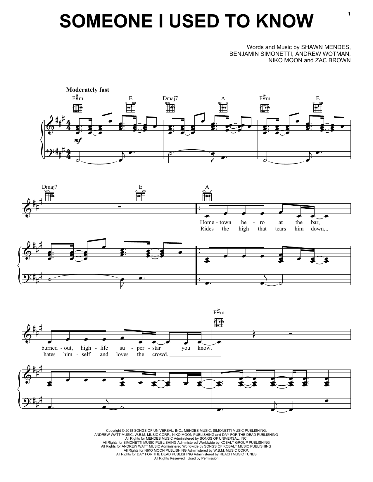 Zac Brown Band Someone I Used To Know sheet music notes and chords arranged for Piano, Vocal & Guitar Chords (Right-Hand Melody)