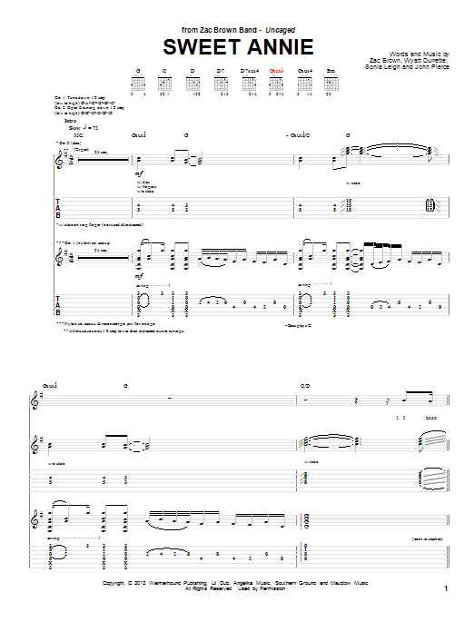 Zac Brown Band Sweet Annie sheet music notes and chords arranged for Piano, Vocal & Guitar Chords (Right-Hand Melody)