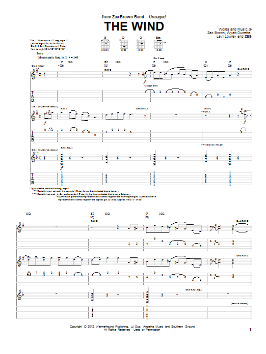 Zac Brown Band The Wind sheet music notes and chords arranged for Guitar Tab