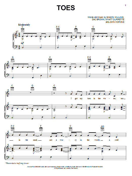 Zac Brown Band Toes sheet music notes and chords arranged for Piano, Vocal & Guitar Chords (Right-Hand Melody)