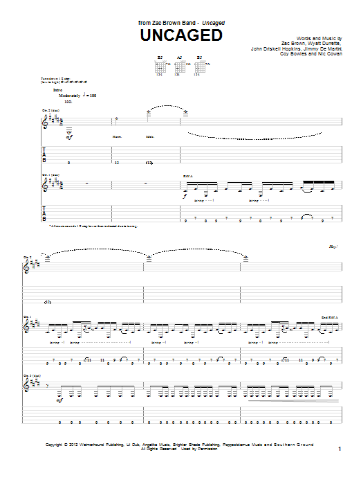 Zac Brown Band Uncaged sheet music notes and chords arranged for Guitar Tab