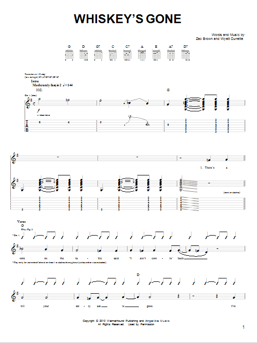 Zac Brown Band Whiskey's Gone sheet music notes and chords arranged for Guitar Chords/Lyrics