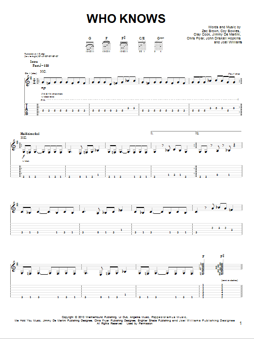 Zac Brown Band Who Knows sheet music notes and chords arranged for Guitar Chords/Lyrics