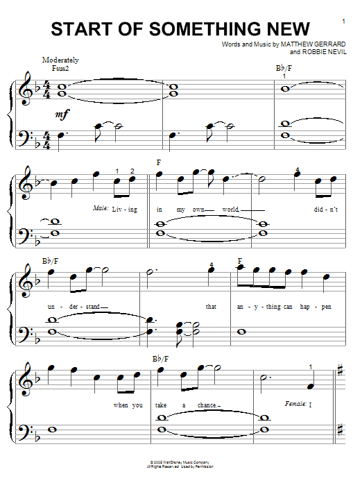 Zac Efron Start Of Something New sheet music notes and chords arranged for Big Note Piano