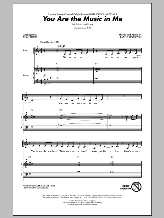 Zac Efron & Vanessa Hudgens You Are The Music In Me (from High School Musical 2) (arr. Mac Huff) sheet music notes and chords arranged for 2-Part Choir
