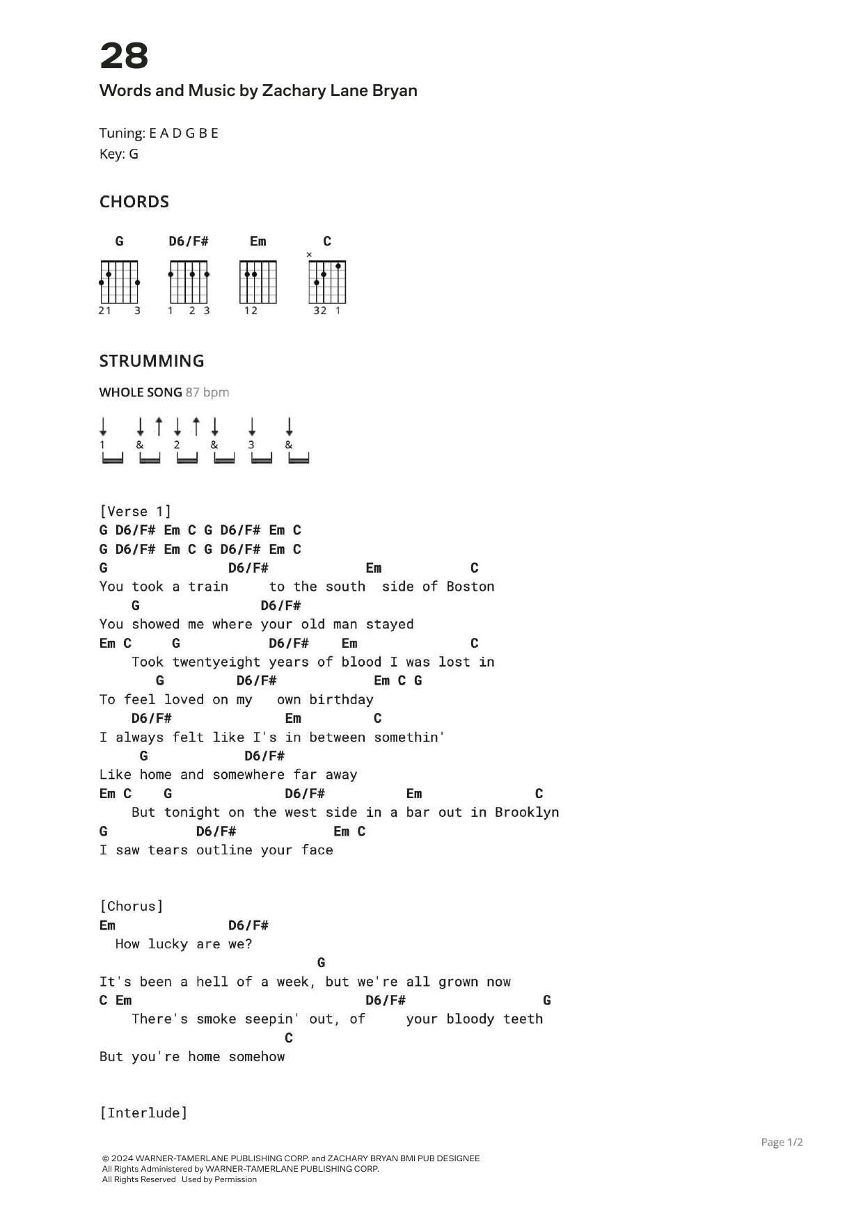 Zach Bryan 28 sheet music notes and chords arranged for Ultimate Guitar