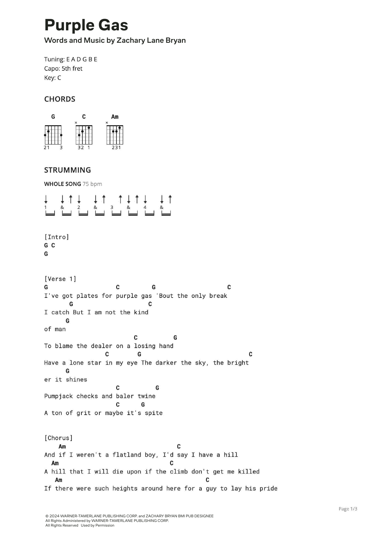 Zach Bryan & Noeline Hoffman Purple Gas sheet music notes and chords arranged for Ultimate Guitar