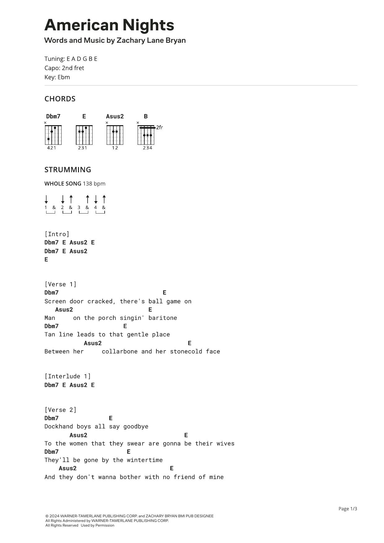Zach Bryan American Nights sheet music notes and chords arranged for Ultimate Guitar