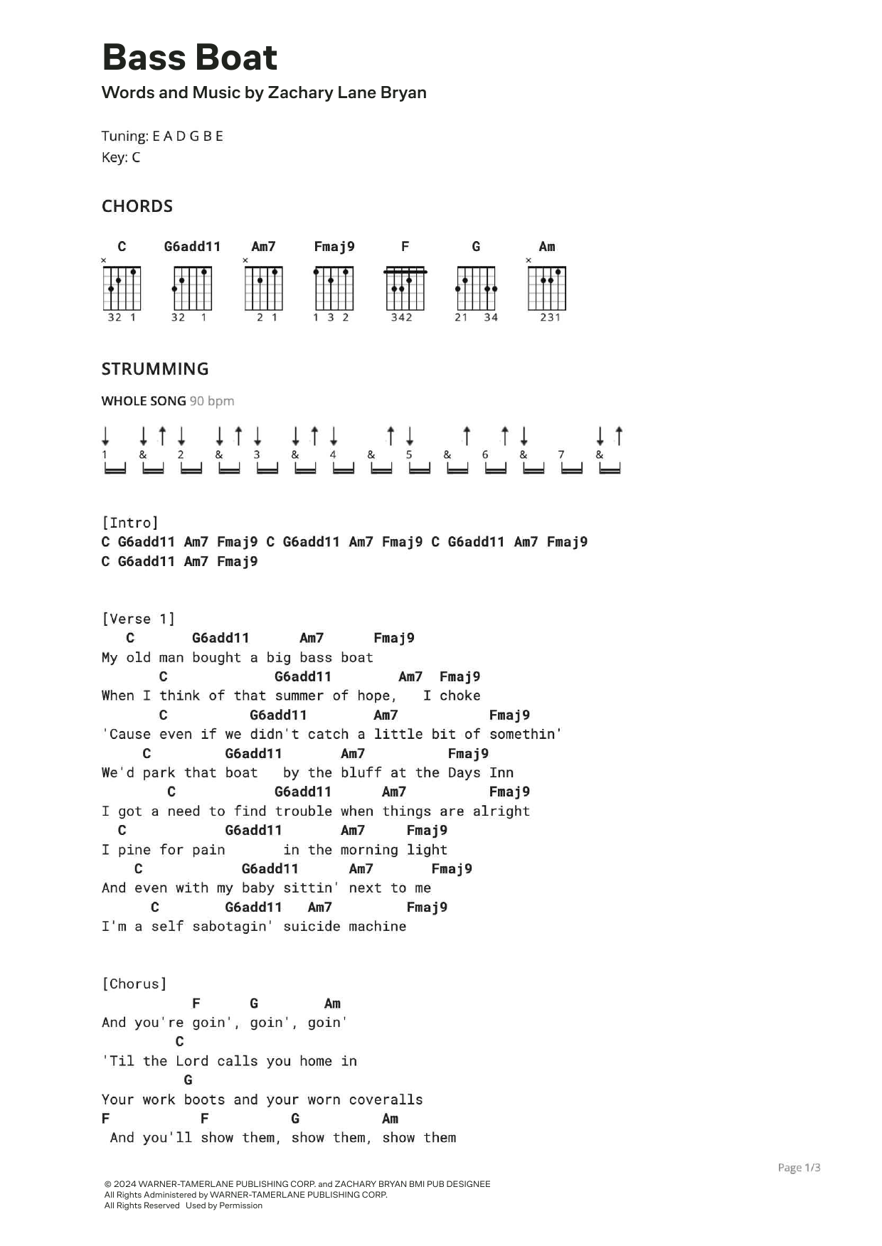 Zach Bryan Bass Boat sheet music notes and chords arranged for Ultimate Guitar